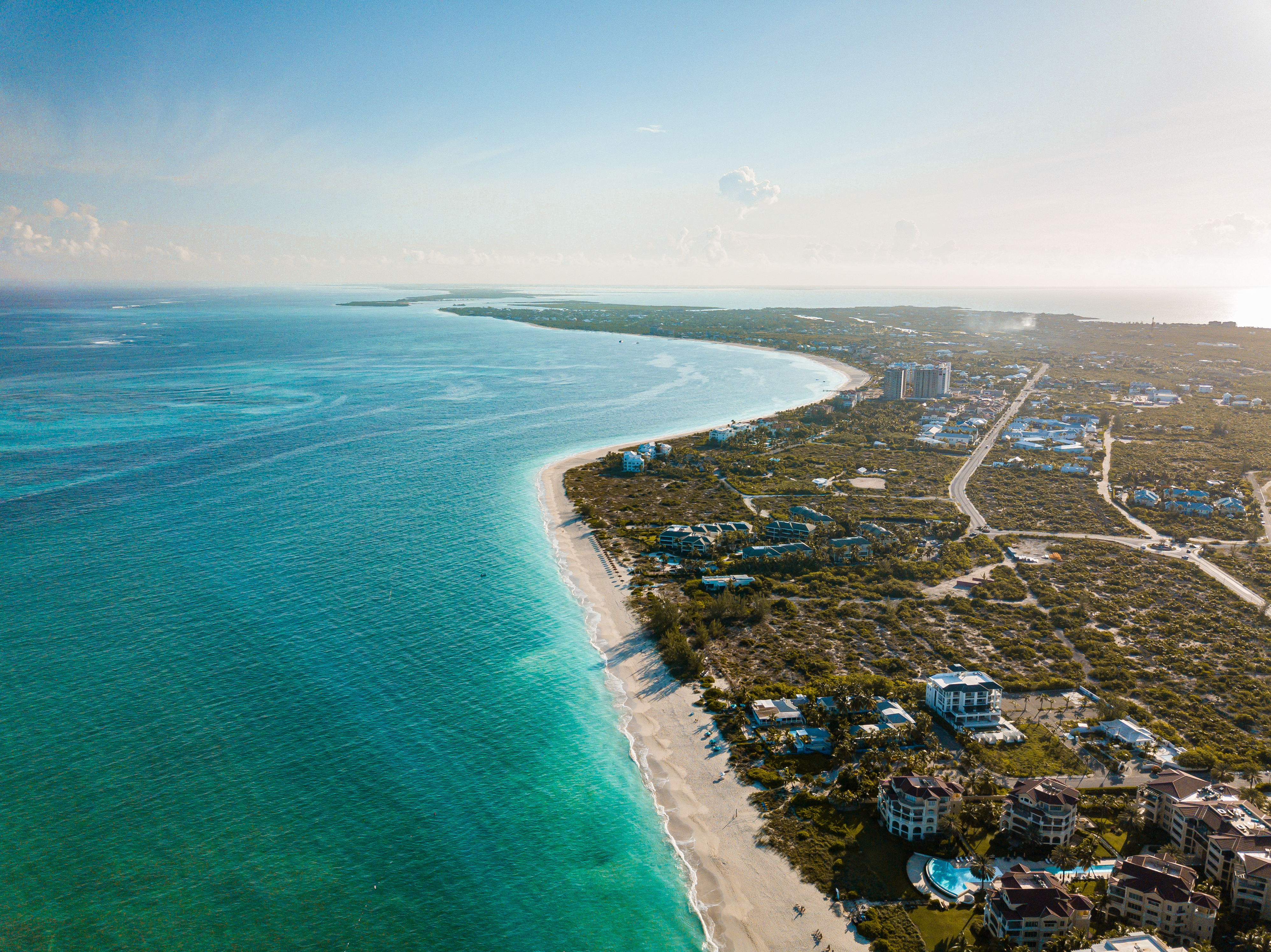 Aerial drone view of Grace Bay Beach in Providenciales, Turks and Caicos